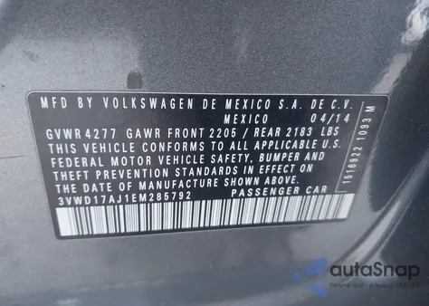 2014 Volkswagen Jetta 1.8T Se из США, поврежденный, VIN 3VWD17AJ1EM285792